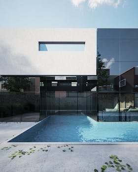 3D rendered image of a modern minimalist house with a swimming pool in a bright outdoor setting.